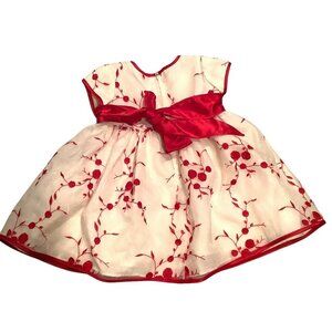 Bonnie Baby Dress White & Red Floral Embroidered Bow Back Size 3/6M